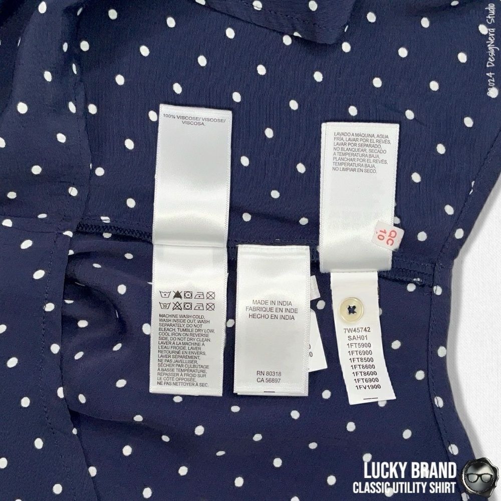 LUCKY BRAND CLASSIC UTILITY BUTTON DOWN SHIRT IN NAVY WHITE DOTS WOMEN’S SIZE M - Picture 11 of 14